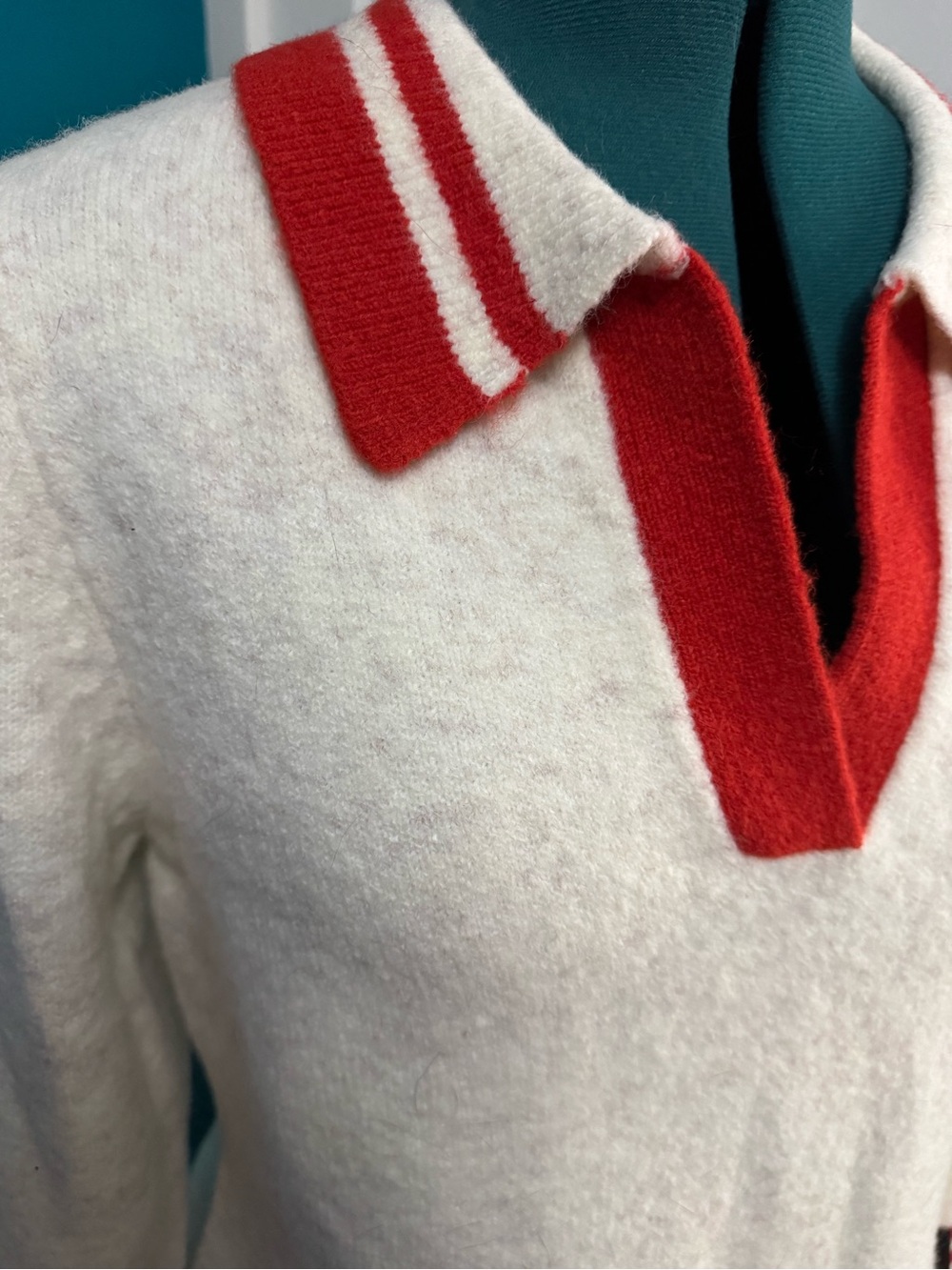 Lulu's Cream V-Neck Sweater Dress with Red Trim - Picture 3 of 8
